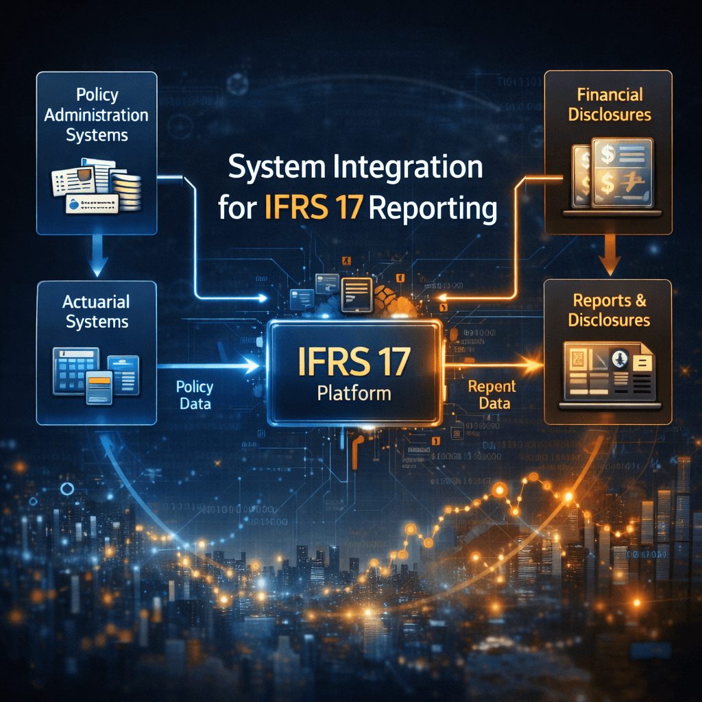Architecture diagram showing data flow from policy administration and actuarial systems into IFRS 17 data management systems and financial disclosure reporting.