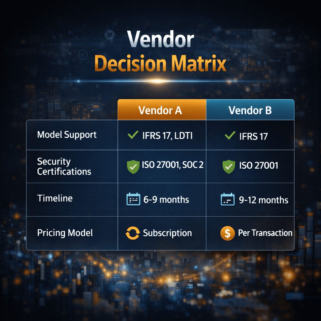 Vendor comparison decision matrix for IFRS 17 data management systems evaluating model support, security certifications, implementation timeline, and pricing.