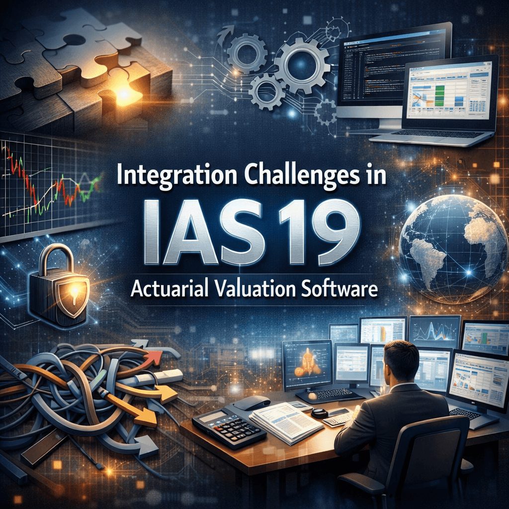 Infographic showing integration challenges in IAS 19 actuarial valuation software with data systems, security, and reporting complexities