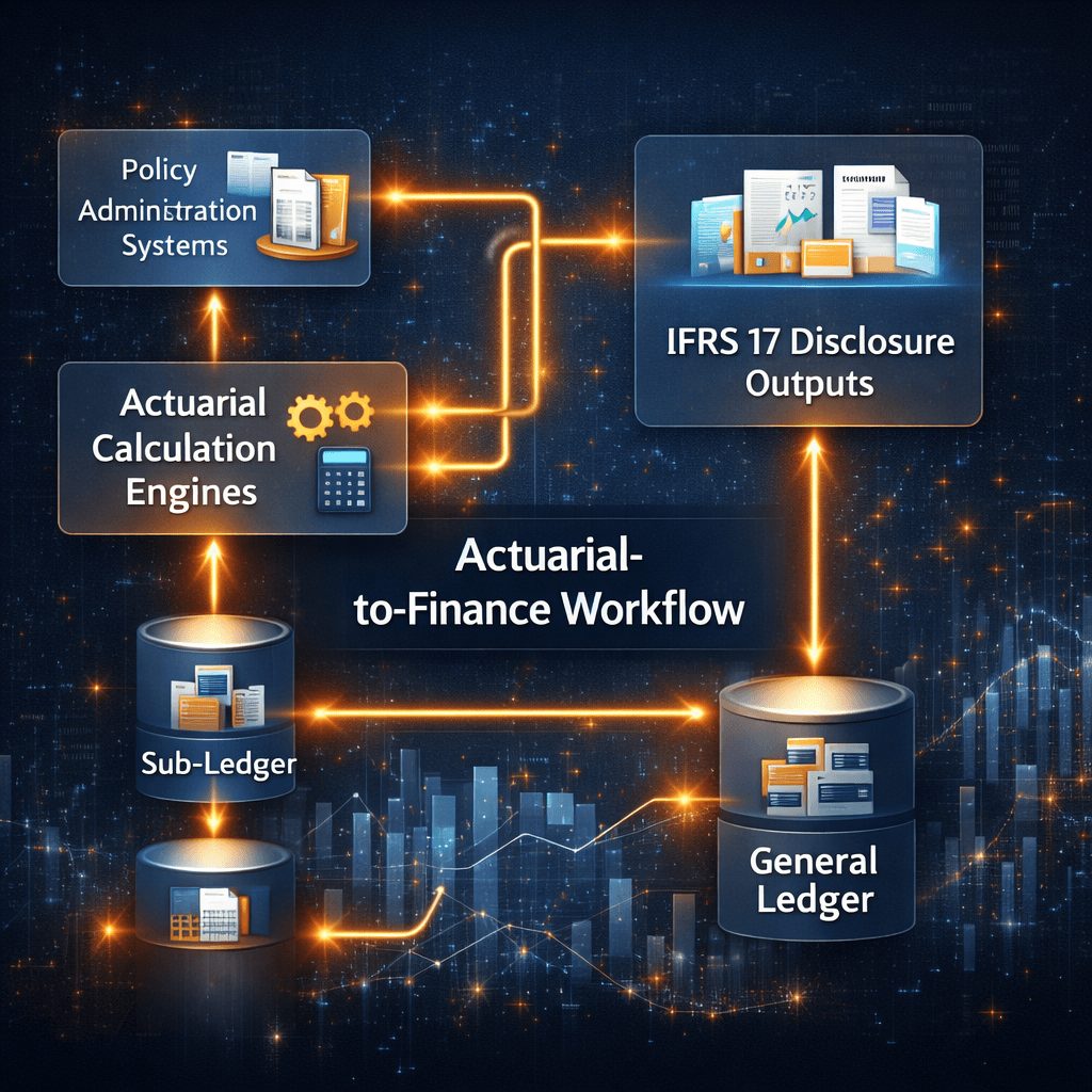 Flowchart illustrating ifrs 17 actuarial tools in insurance showing data flow from policy administration systems to actuarial engines, sub-ledger, general ledger, and disclosure outputs.