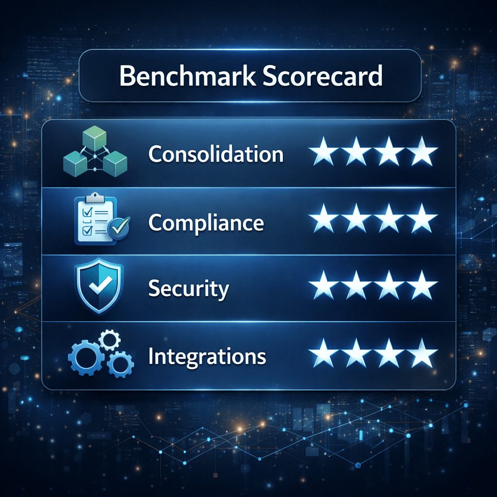 Scorecard infographic showing key evaluation categories for IFRS financial reporting platforms including consolidation, compliance, security, and integrations.