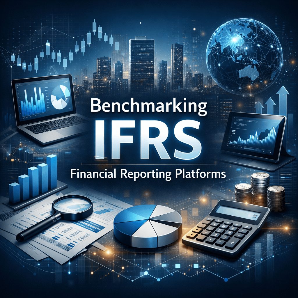 Professional infographic illustrating benchmarking of IFRS financial reporting platforms with financial analytics tools, dashboards, and global data visualization.