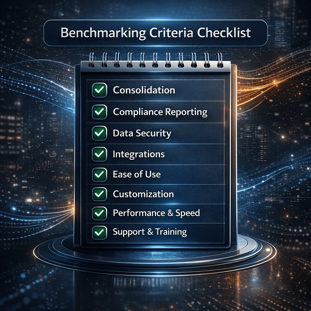 Checklist infographic outlining key benchmarking criteria for IFRS financial reporting platforms including compliance, security, integrations, and performance.