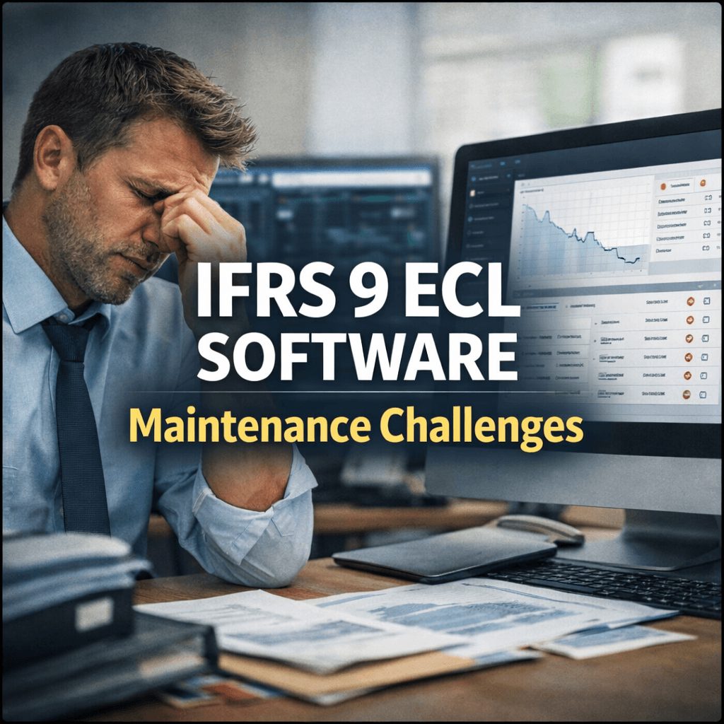 A stressed banking professional sits at a desk reviewing financial documents while looking at a computer screen showing declining analytics, representing operational pressure and system issues—highlighting challenges faced when working with IFRS 9 ECL systems and the need for reliable IFRS 17 vendors for scalable compliance.