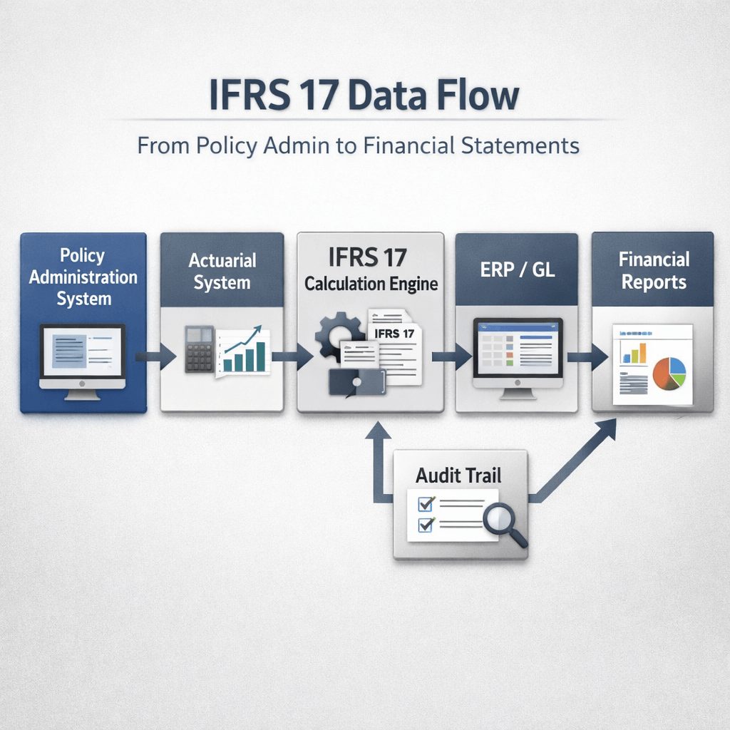 IFRS 17 data flow architecture diagram showing integration from policy administration system to actuarial system, IFRS 17 calculation engine, ERP/GL, audit trail, and financial reporting, supporting IFRS 17 vendors for scalable compliance