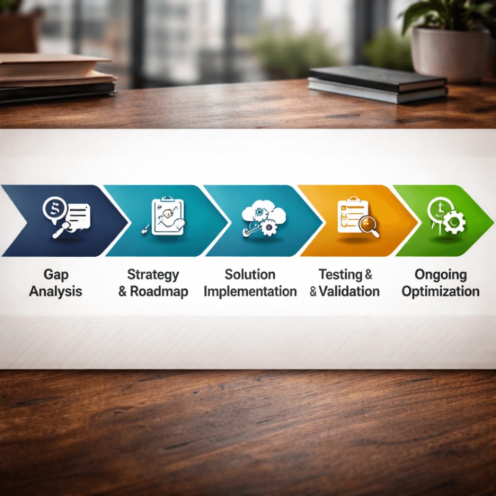 Chevron-style process flow from gap analysis to ongoing optimization illustrating ifrs 9 technology solutions in risk implementation journey