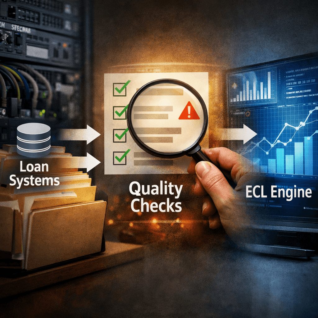 Professional visual of loan system data being validated through checklist-based quality controls before entering an ECL engine, representing ifrs 9 ecl software for banks.