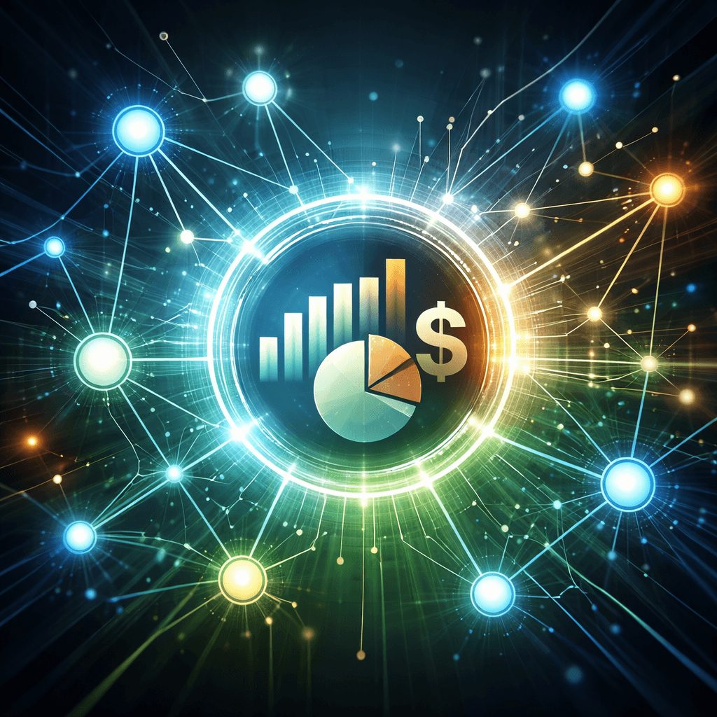 Abstract network of connected nodes around a financial core representing AI-driven risk modeling using IFRS 9 ECL software for banks