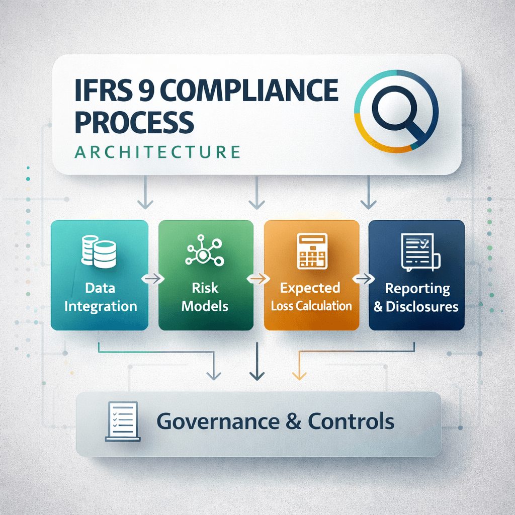 IFRS 9 compliance process architecture showing data integration, risk models, ECL calculation, and reporting in IFRS 9 ECL software for banks
