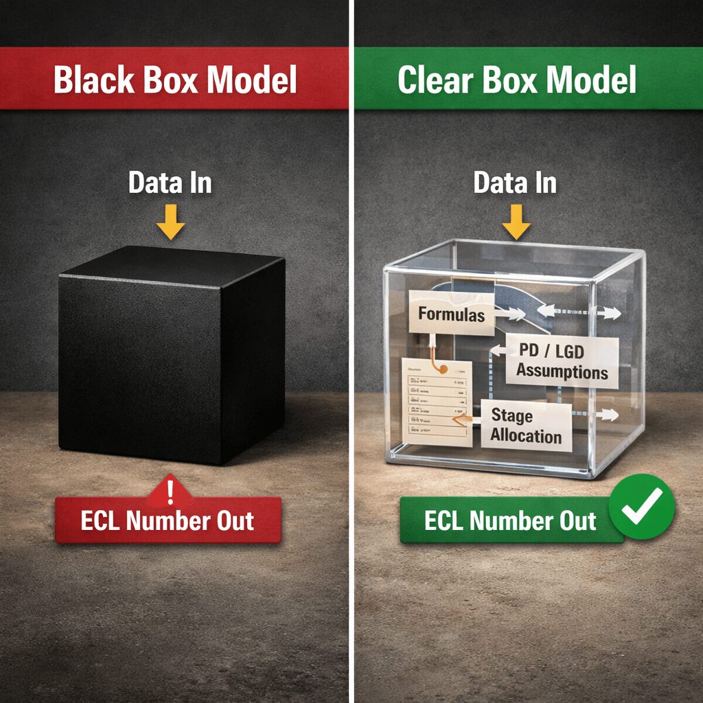Side-by-side comparison showing a black box model versus a transparent clear box model with visible formulas, PD/LGD assumptions, and stage allocation logic, highlighting model governance by leading IFRS 9 regulatory reporting vendors.