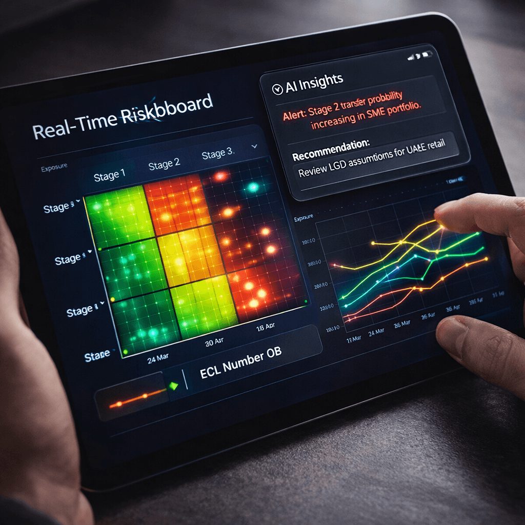 Tablet displaying a live risk dashboard with heatmaps, trend lines, and AI insights for stage transfer probability and LGD review, representing innovation from IFRS 9 regulatory reporting vendors.