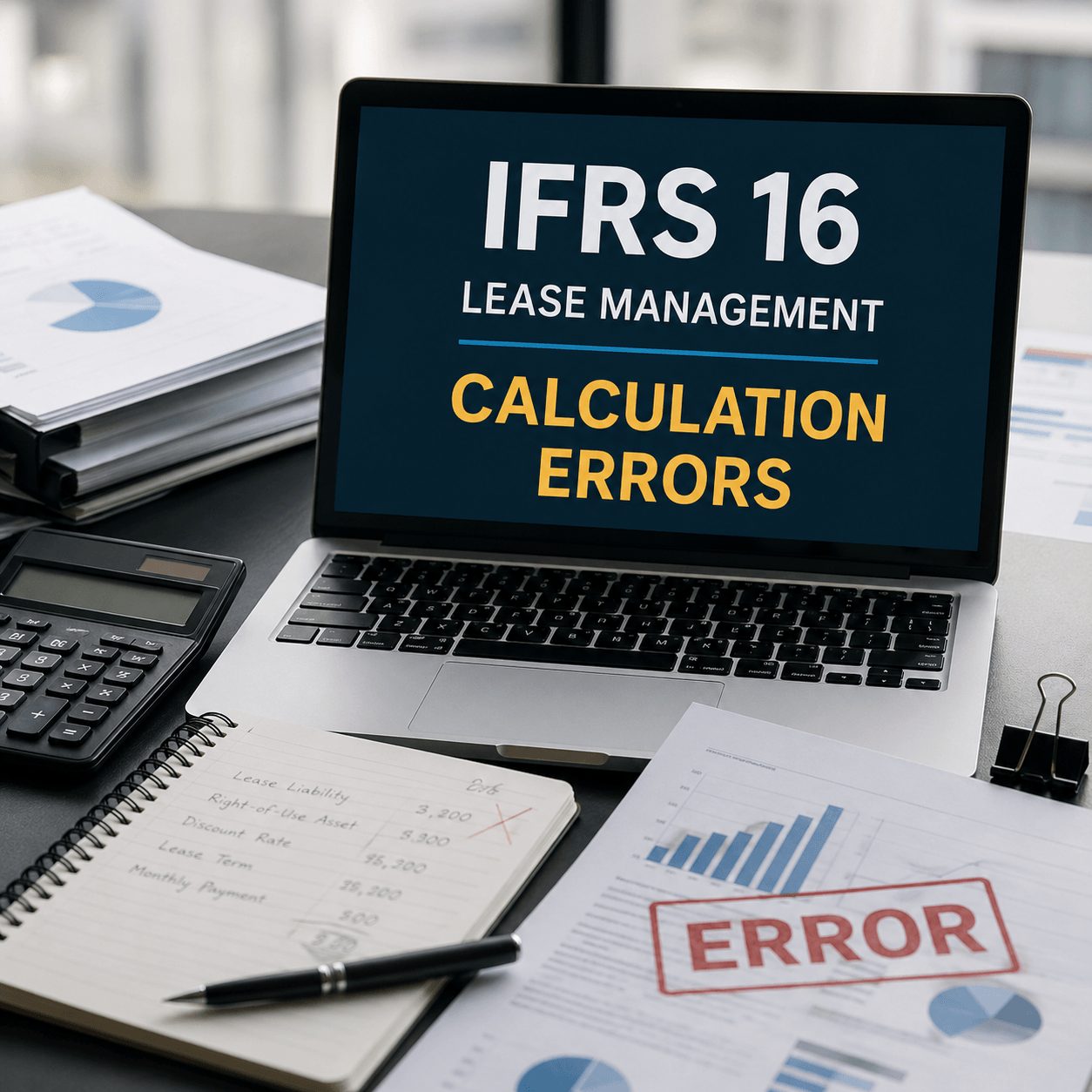 Office desk scene with laptop displaying IFRS 16 lease management calculation errors, calculator, reports, and error-marked paperwork highlighting ifrs 16 lease management software risks.
