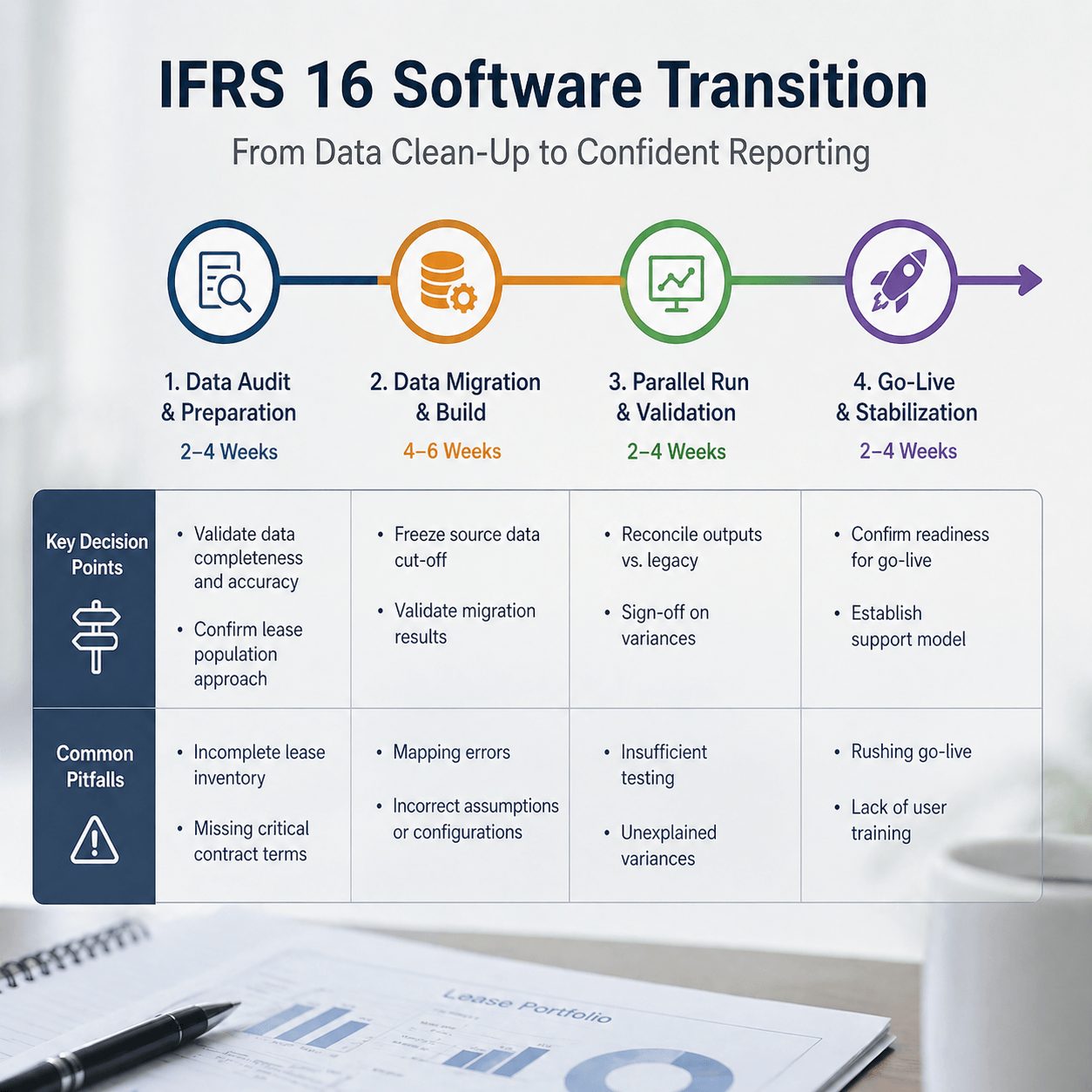 Timeline diagram of software transition phases including data audit, migration, parallel run, and go-live for ifrs 16 lease management software implementation.
