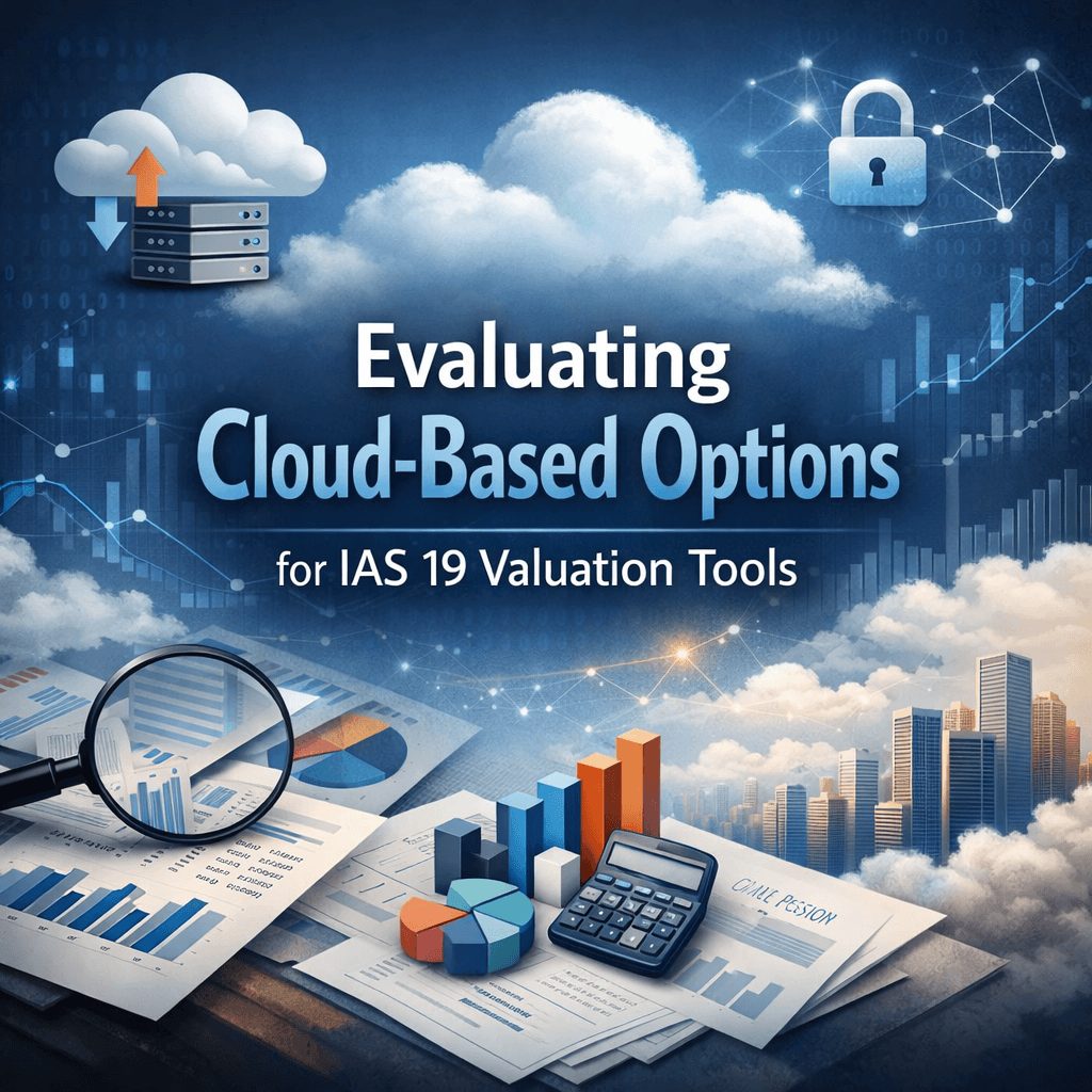 Professional infographic showing evaluation of cloud-based features in ias 19 actuarial valuation software with secure cloud, analytics charts, and financial data visuals.