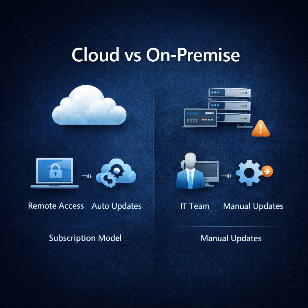 Side-by-side comparison infographic of ias 19 actuarial valuation software showing cloud benefits like remote access and auto updates versus on-premise setup with servers and manual processes.Cloud vs on-premise: