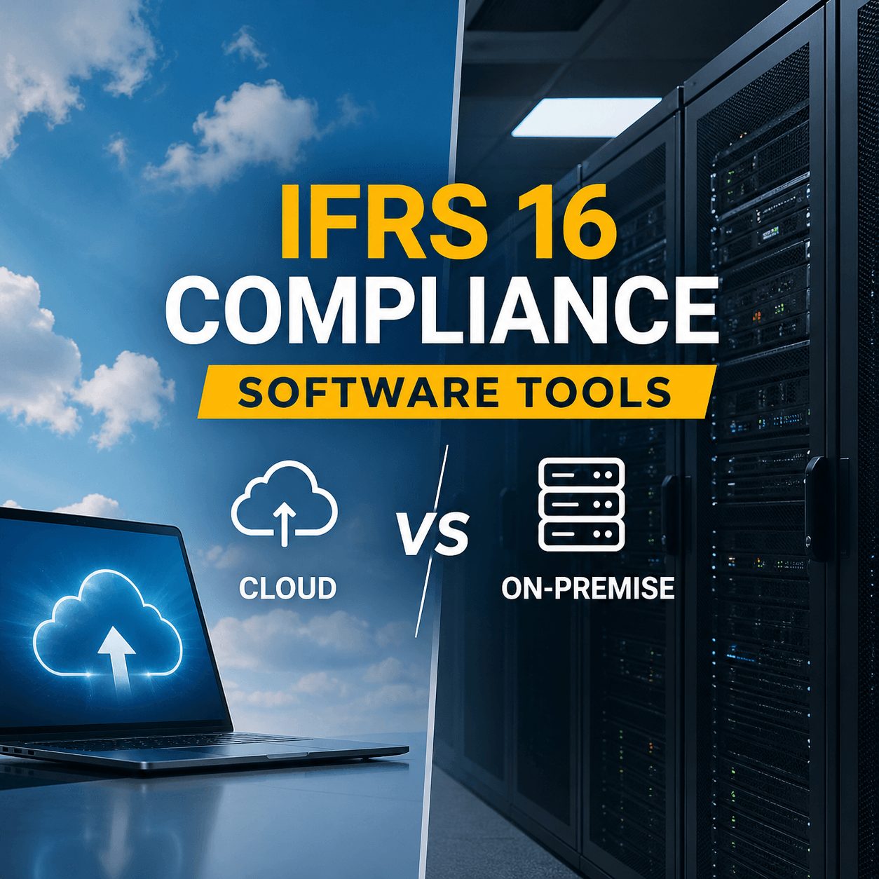 Split-screen infographic comparing cloud and on-premise deployment options for IFRS 16 compliance software tools, featuring a laptop with cloud icon on one side and data servers on the other.