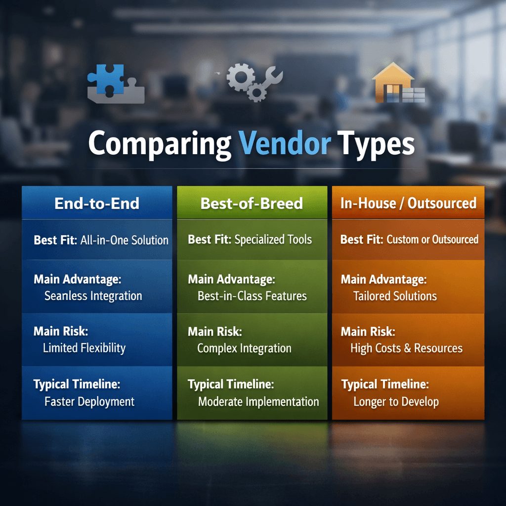 Comparison infographic of ifrs 17 actuarial tools in insurance highlighting vendor approaches including end-to-end, best-of-breed, and in-house models with key differences.