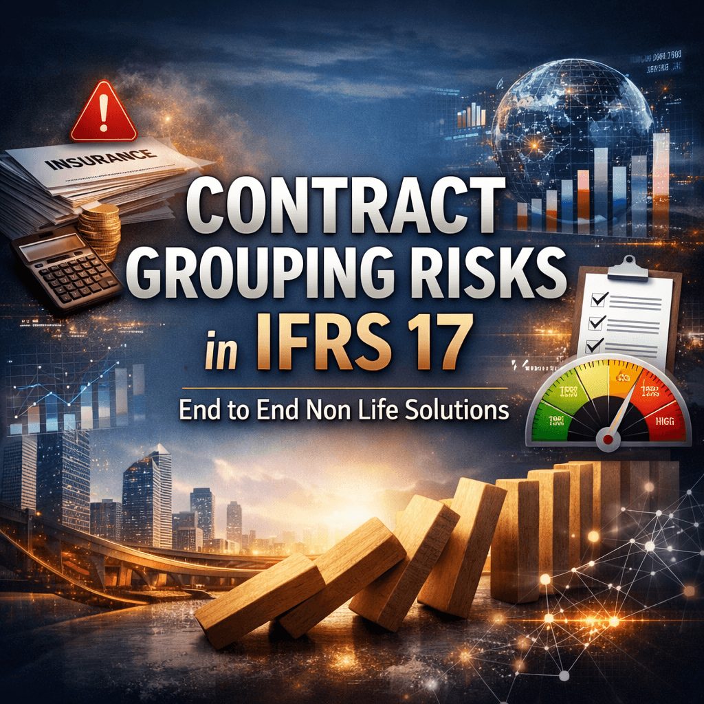 IFRS 17 non life solutions infographic showing contract grouping risks with financial data, insurance documents, and risk indicators