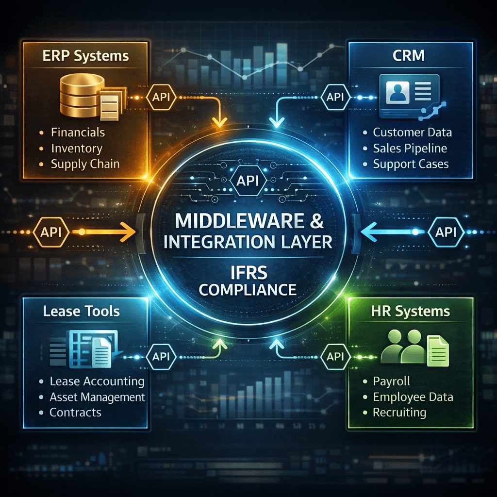 ifrs accounting software integration architecture showing middleware layer connecting ERP, CRM, lease tools, and HR systems with API data flows