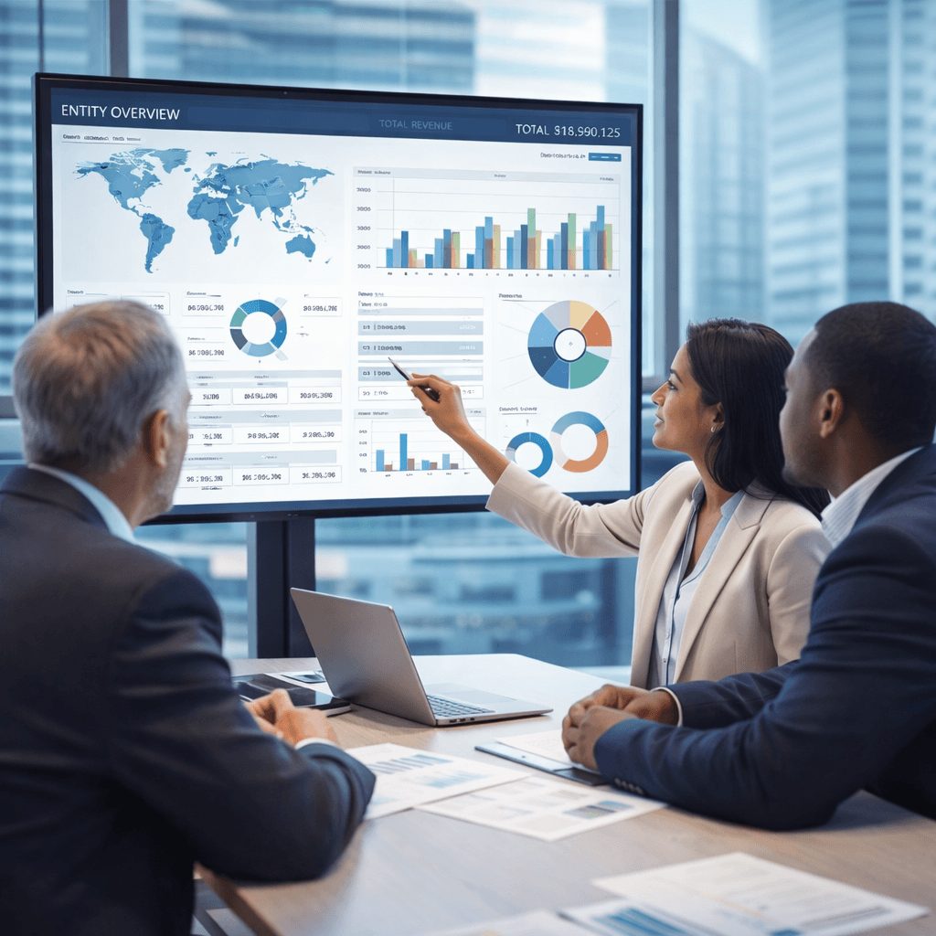 Finance team collaborating on a digital dashboard powered by IFRS compliant accounting platforms with real-time multi-entity data visualization