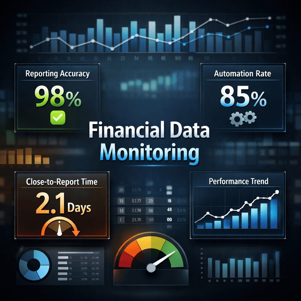 ifrs accounting software integration dashboard showing reporting accuracy, automation rate, and close-to-report time with KPI tiles and financial charts