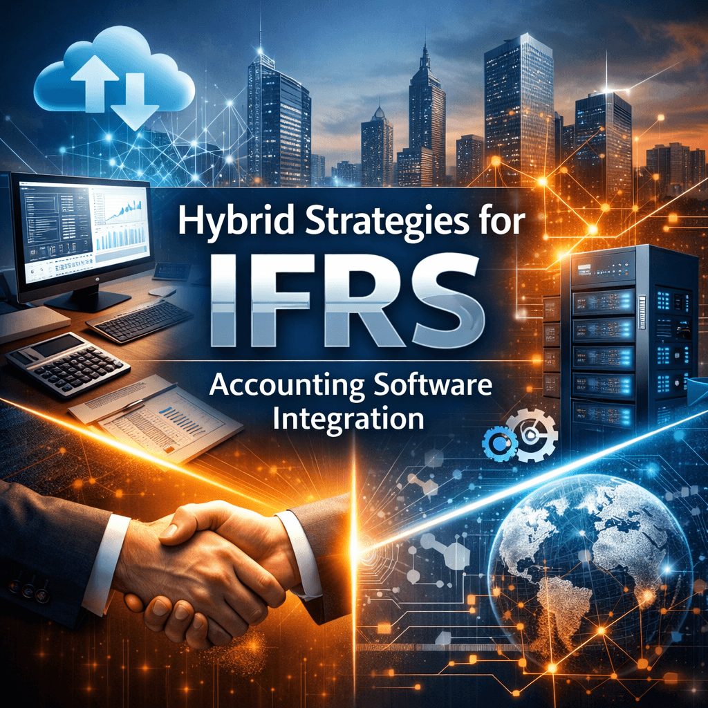 High-quality infographic showing hybrid strategies for IFRS accounting software integration with cloud systems, data servers, financial dashboards, and business handshake symbolizing seamless digital transformation.