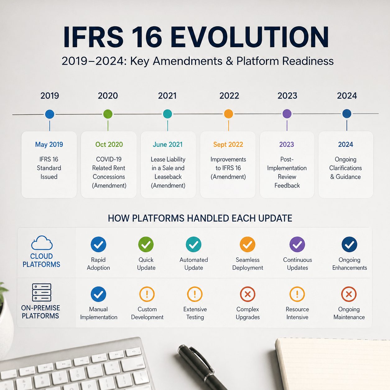 Timeline infographic of ifrs 16 compliance software tools evolution from 2019 to 2024 with key amendments and comparison of cloud vs on-premise platform readiness.
