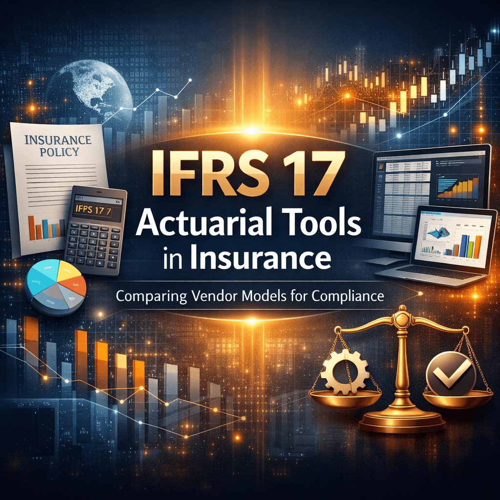 Professional infographic showcasing ifrs 17 actuarial tools in insurance with financial analytics, actuarial models, and compliance-focused data visualization elements.