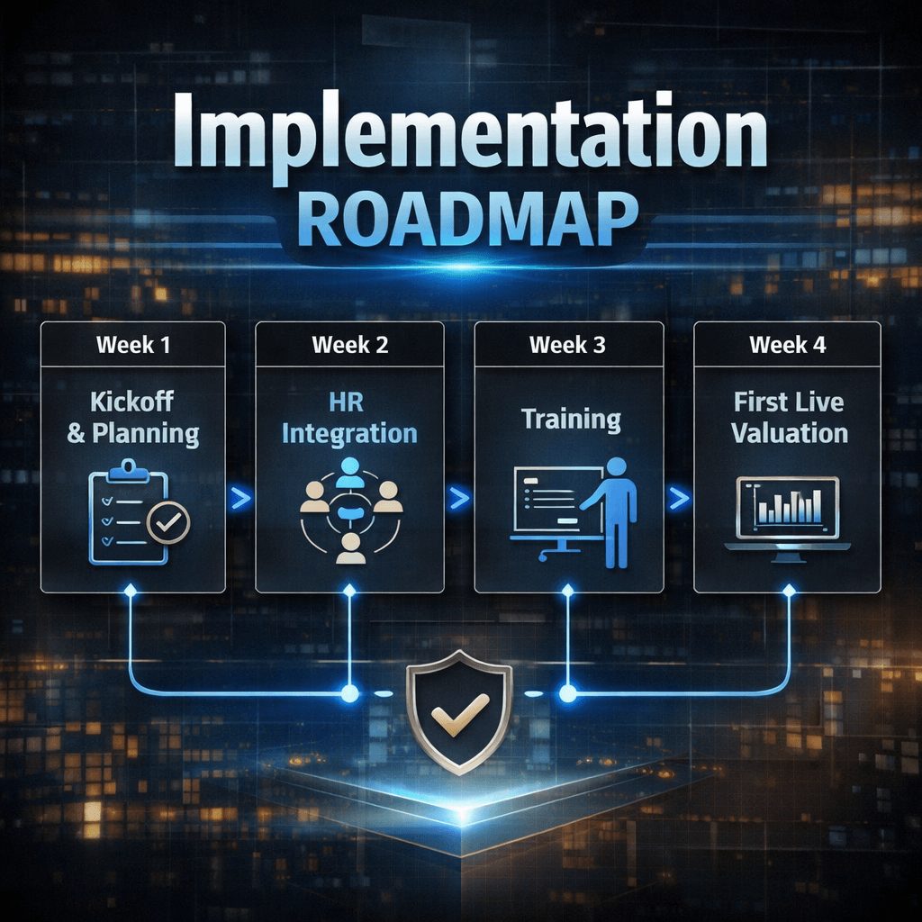 IAS 19 Pension Valuation Platforms four-week implementation roadmap highlighting kickoff, HR integration, training, and first live valuation stages