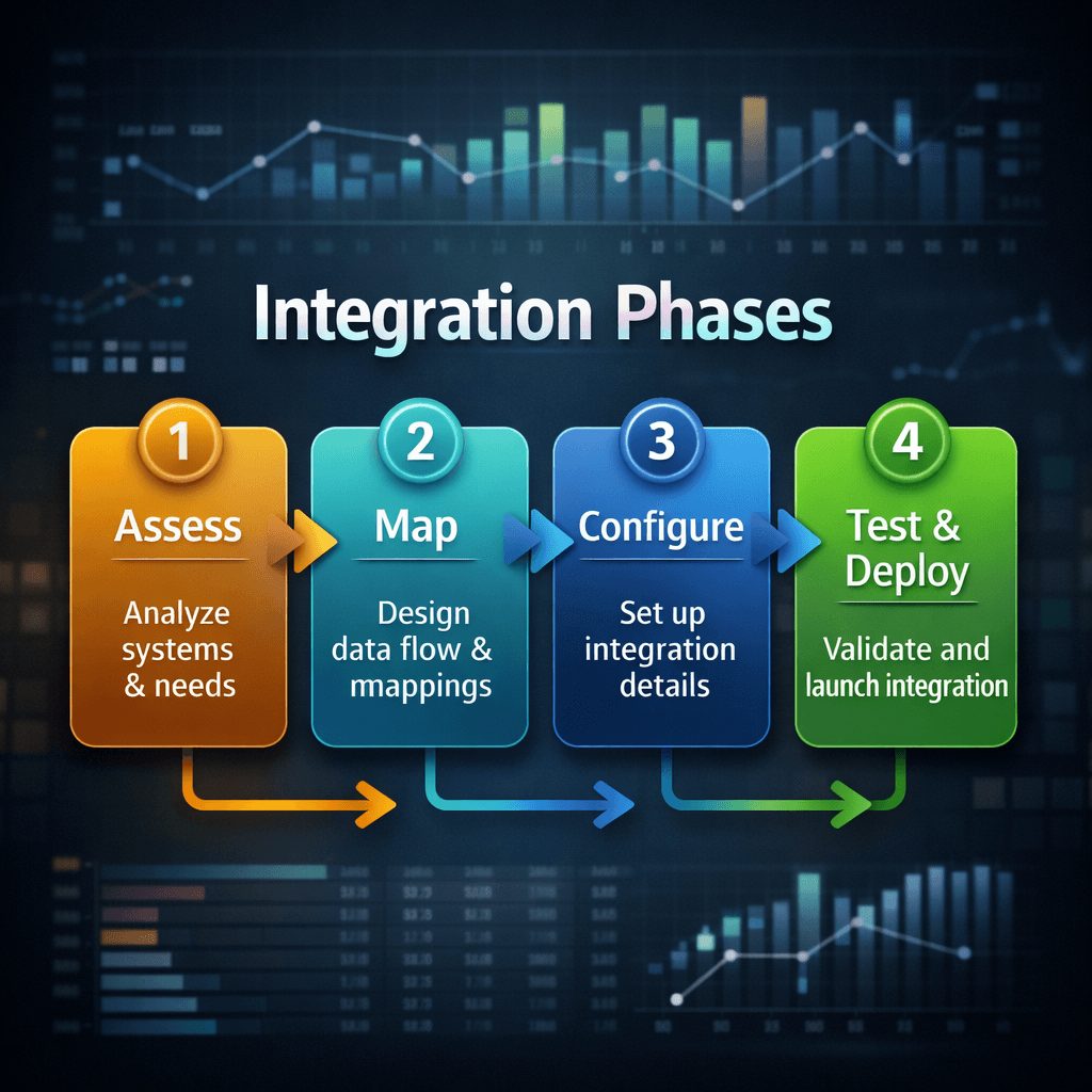 ifrs accounting software integration process showing assess, map, configure, and test and deploy stages in a clean step-by-step infographic