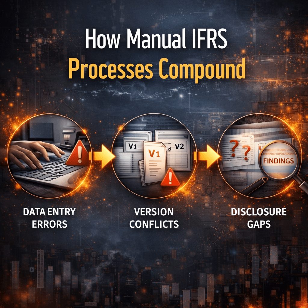 Flow diagram illustrating how errors escalate in IFRS compliant accounting platforms from data entry mistakes to audit findings