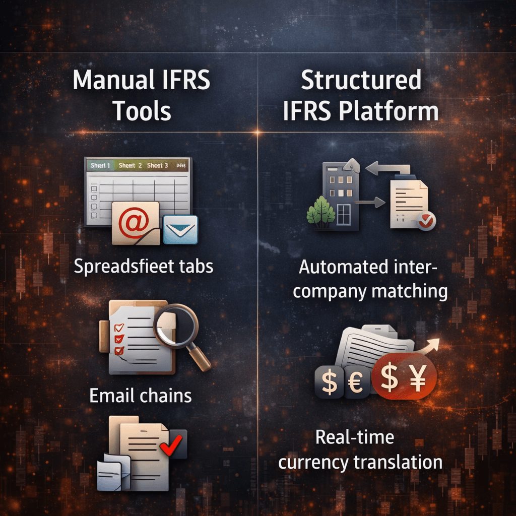 Comparison of manual tools vs structured IFRS compliant accounting platforms highlighting automation and real-time capabilities