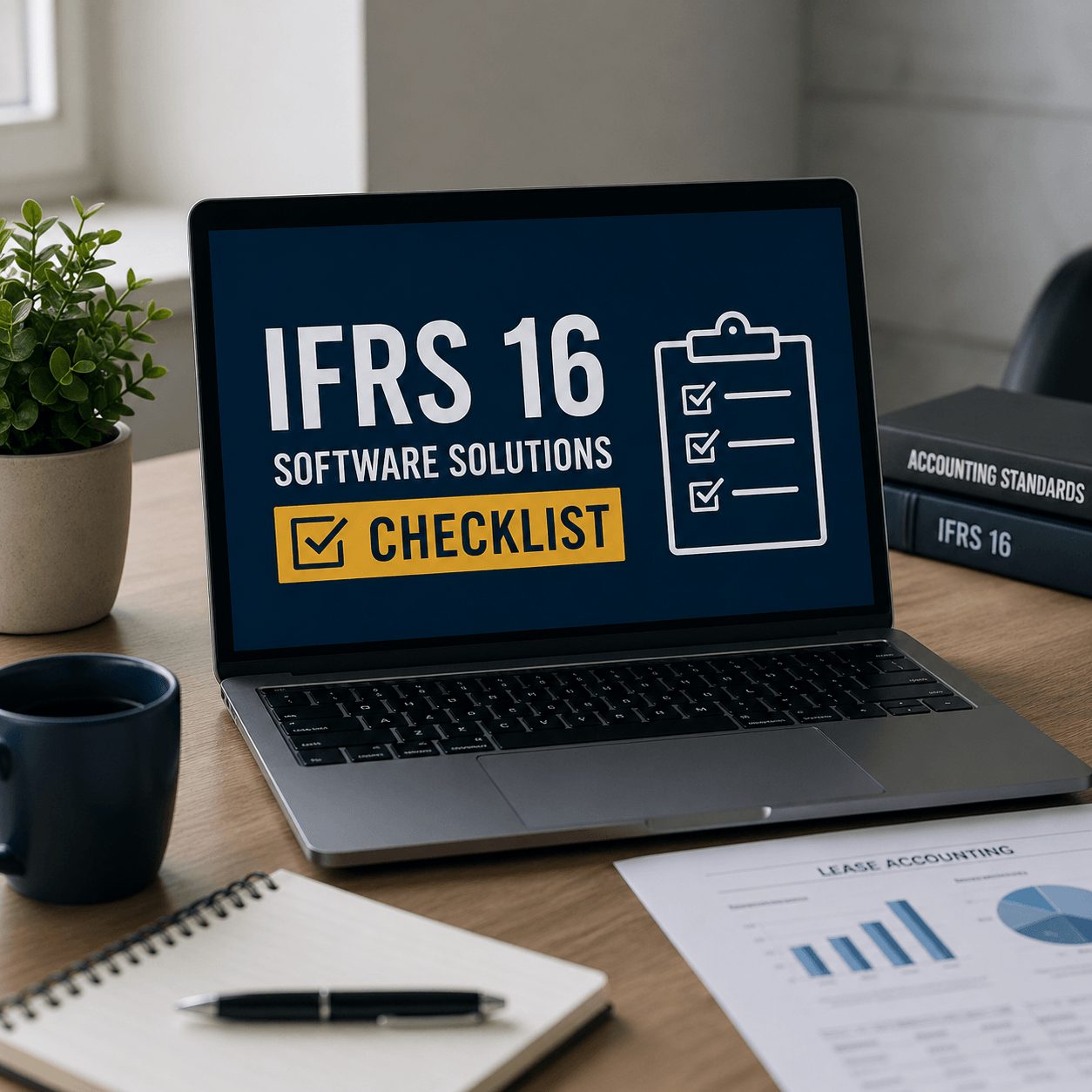 Realistic office desk setup with laptop displaying IFRS 16 Software Solutions checklist, surrounded by financial documents and workspace items