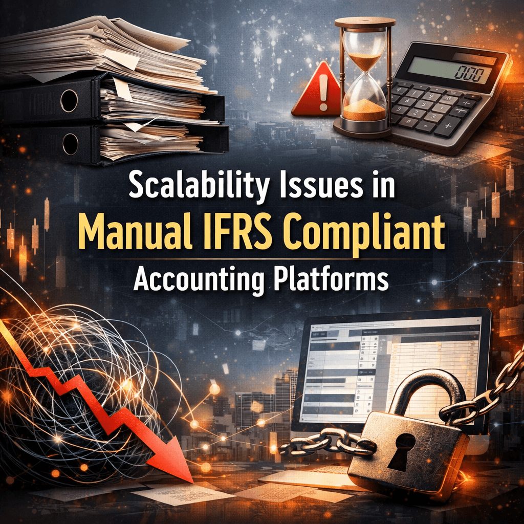 Scalability issues in manual IFRS compliant accounting platforms showing overloaded documents, delays, and declining financial performance indicators