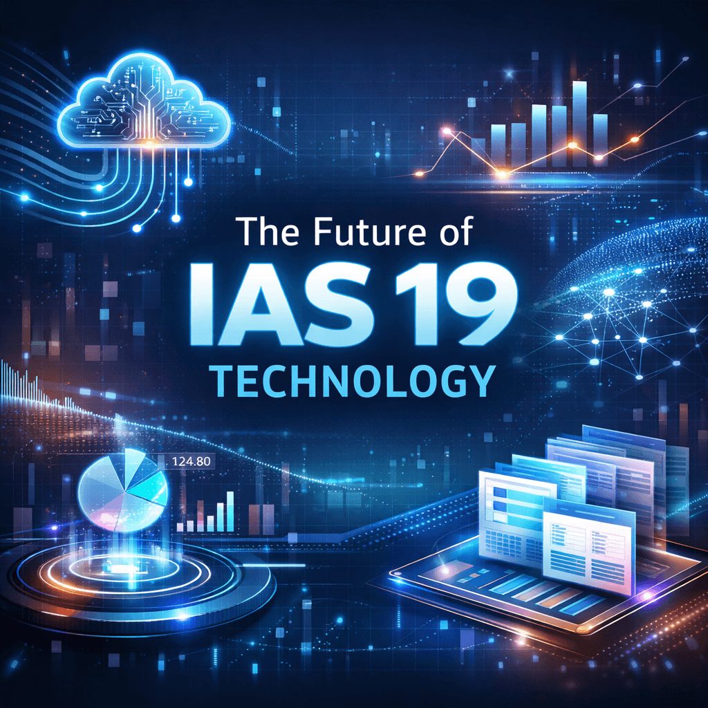 Abstract infographic representing the future of ias 19 actuarial valuation software with AI-driven analysis, cloud connectivity, and automated reporting visuals.