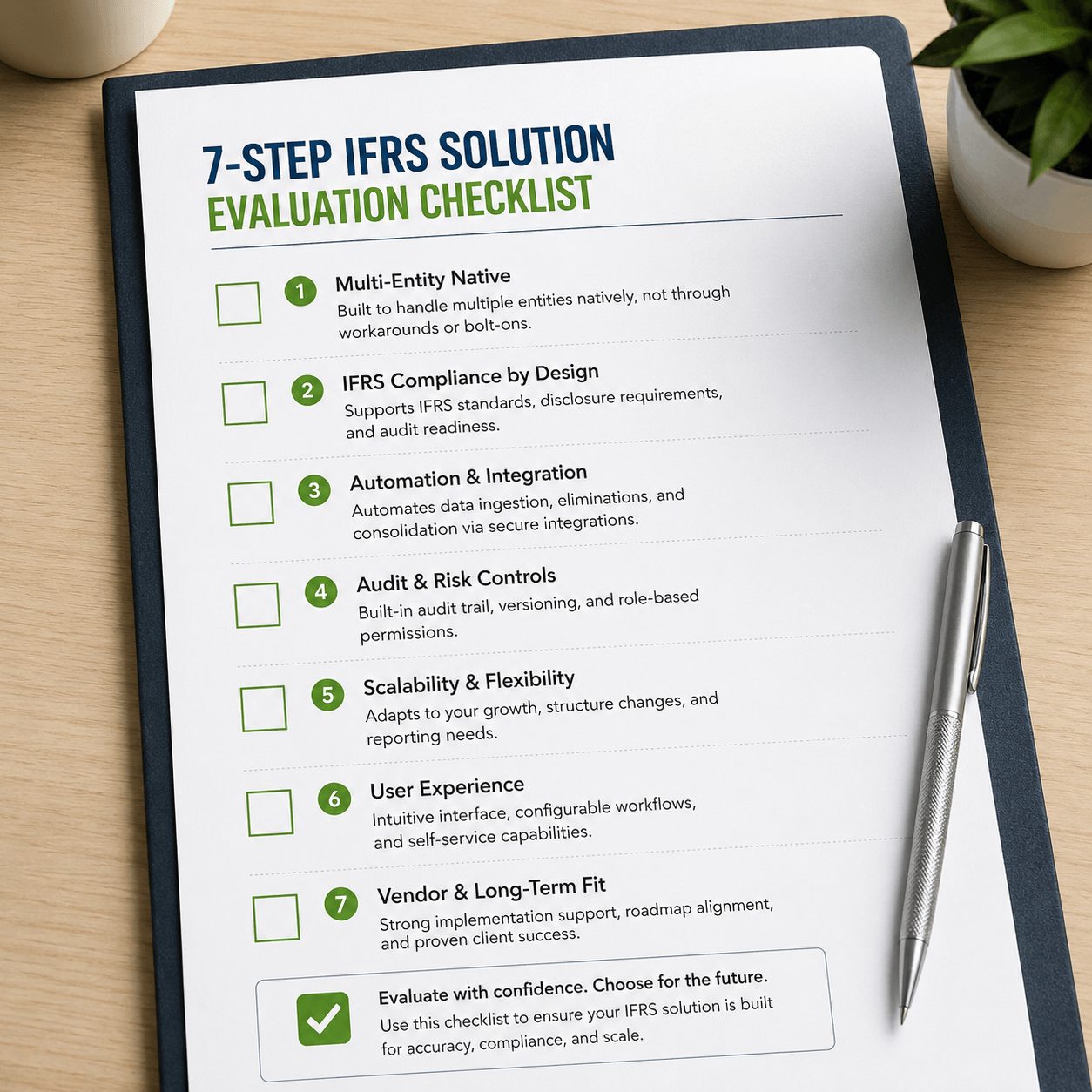 Printable procurement checklist branded with IFRS TECH, outlining seven evaluation criteria for selecting enterprise-grade multi-entity IFRS tools.