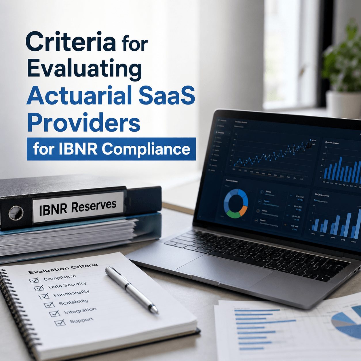Professional infographic-style workspace showing a laptop with analytics dashboard, IBNR reserve binders, and evaluation checklist for actuarial SaaS providers for IBNR compliance.