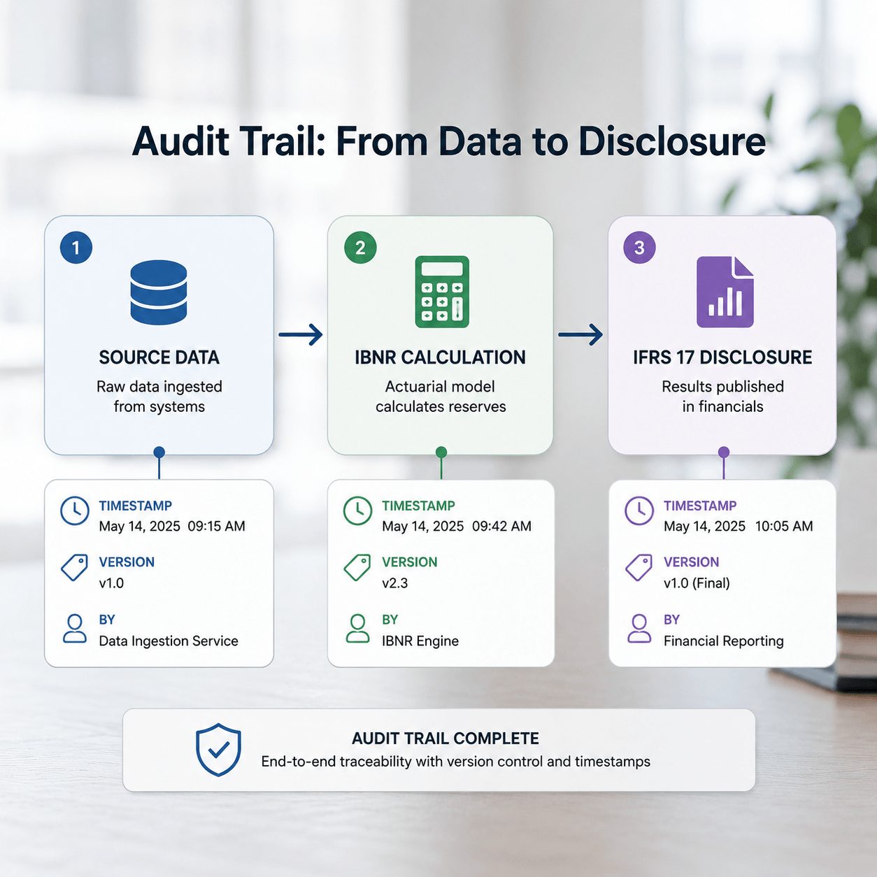 Audit trail infographic showing source data, IBNR calculation process, timestamps, version control, and IFRS 17 disclosure workflow for actuarial SaaS providers for IBNR compliance.