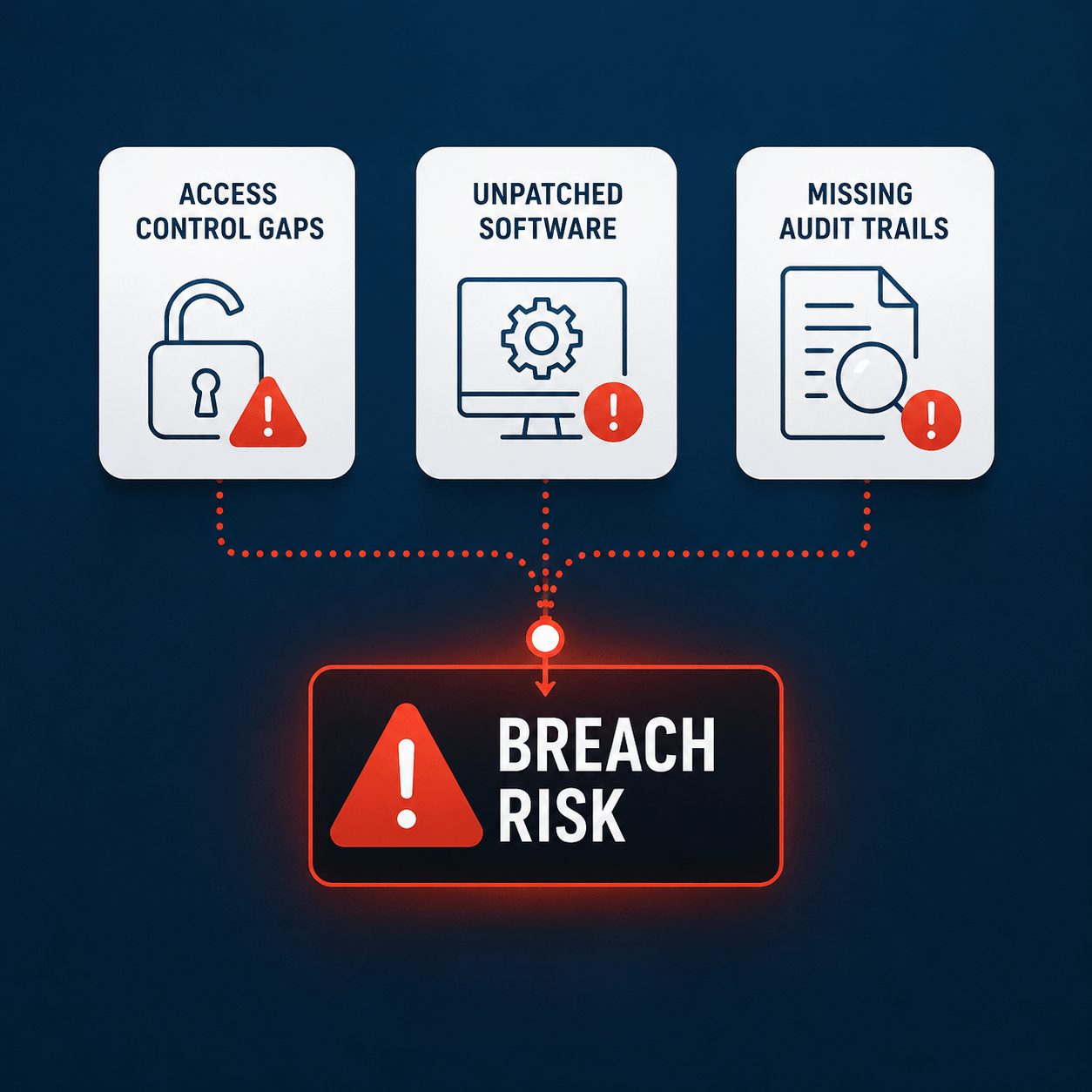Infographic diagram showing access control gaps, unpatched software, and missing audit trails leading to breach risk in non-compliant IFRS 9 compliance software.