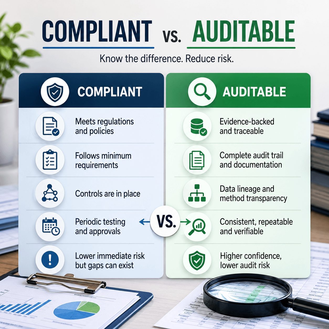 Side-by-side comparison infographic contrasting compliant versus auditable valuation management software providers, with checklist indicators, audit trail transparency, methodology validation, and regulatory alignment features.