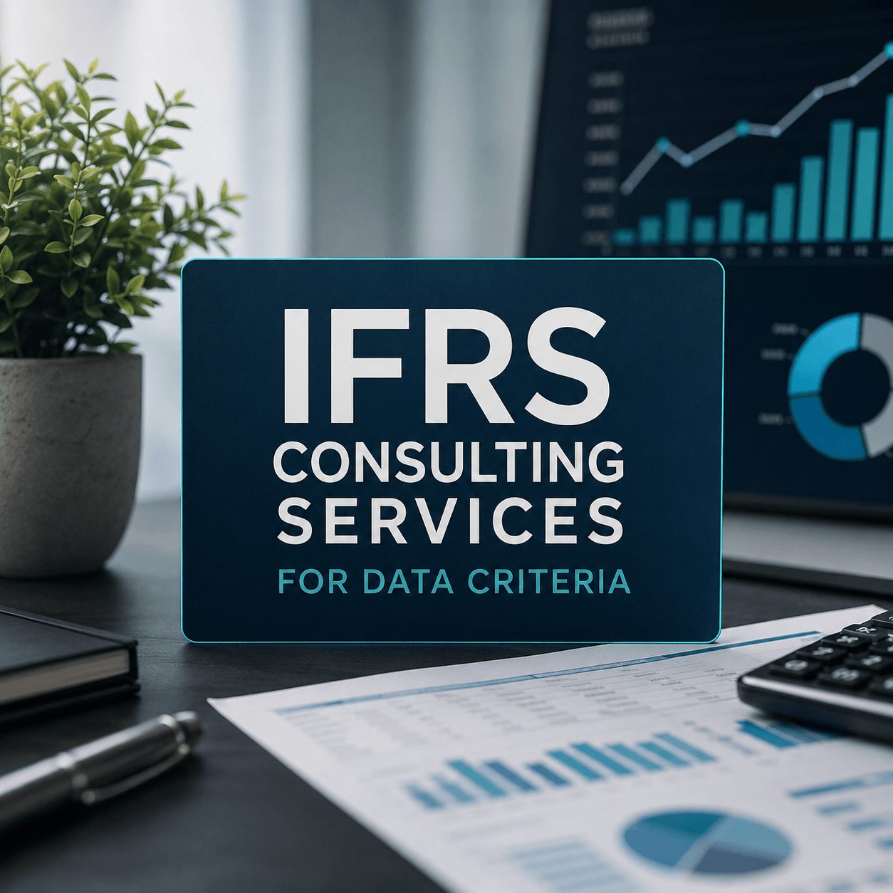 Professional infographic-style image for IFRS consulting services for data, featuring financial charts, analytics reports, magnifying glass, office desk setup, and business performance icons in a realistic corporate environment.