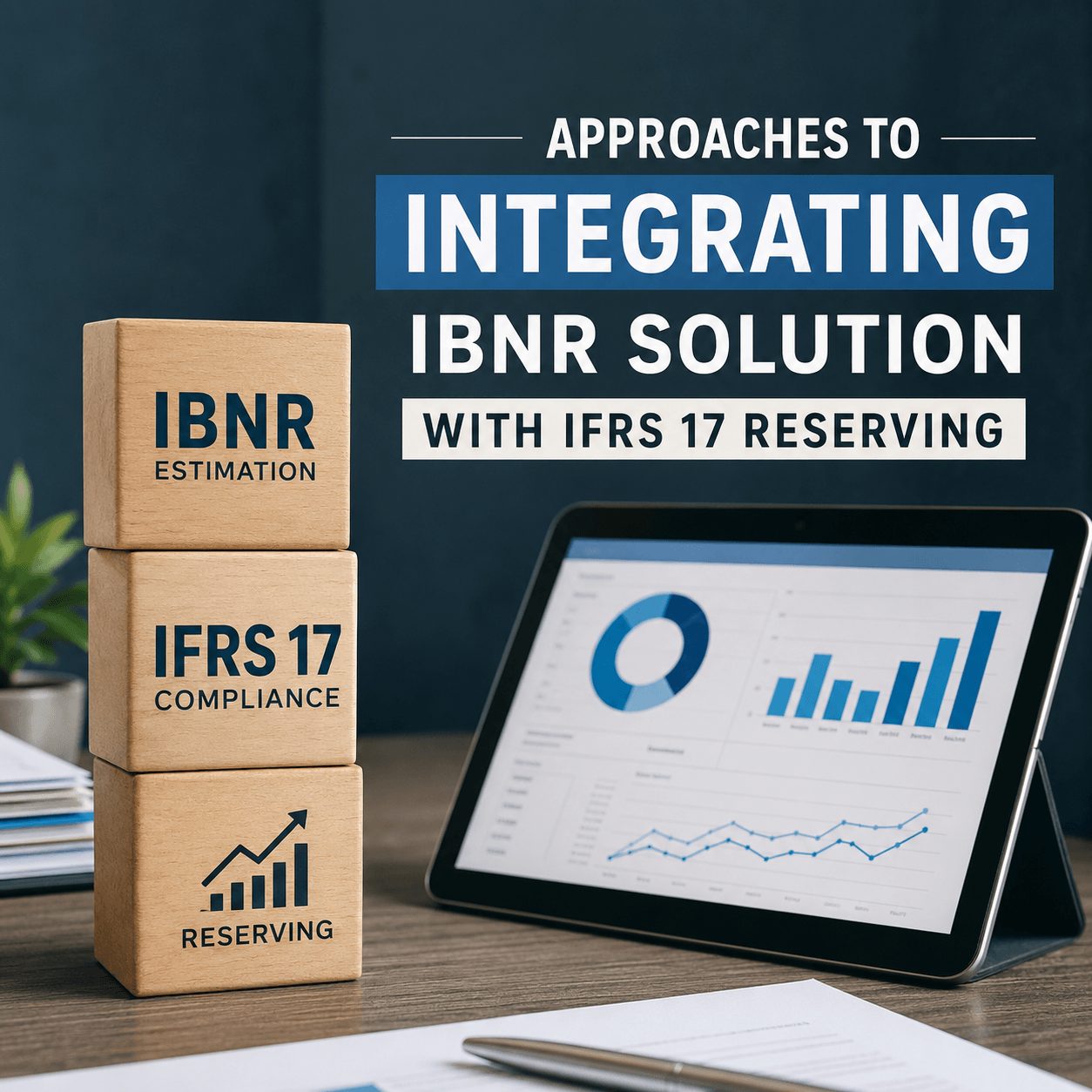 IBNR solution with IFRS 17 reserving concept shown using stacked blocks and financial dashboard on tablet in a realistic office setting