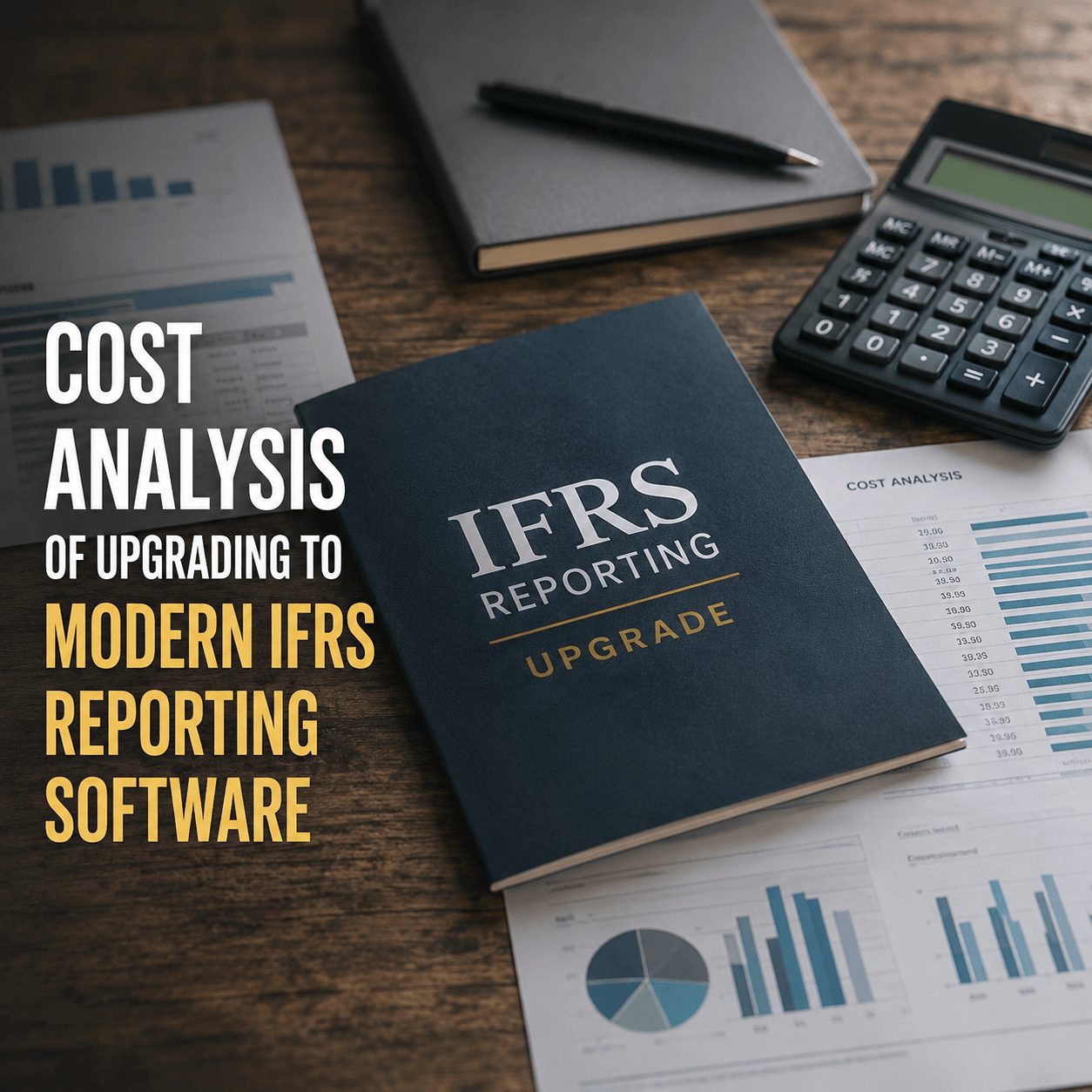 Professional desk setup featuring financial reports, calculator, and documents illustrating the cost analysis of upgrading to modern IFRS reporting software.