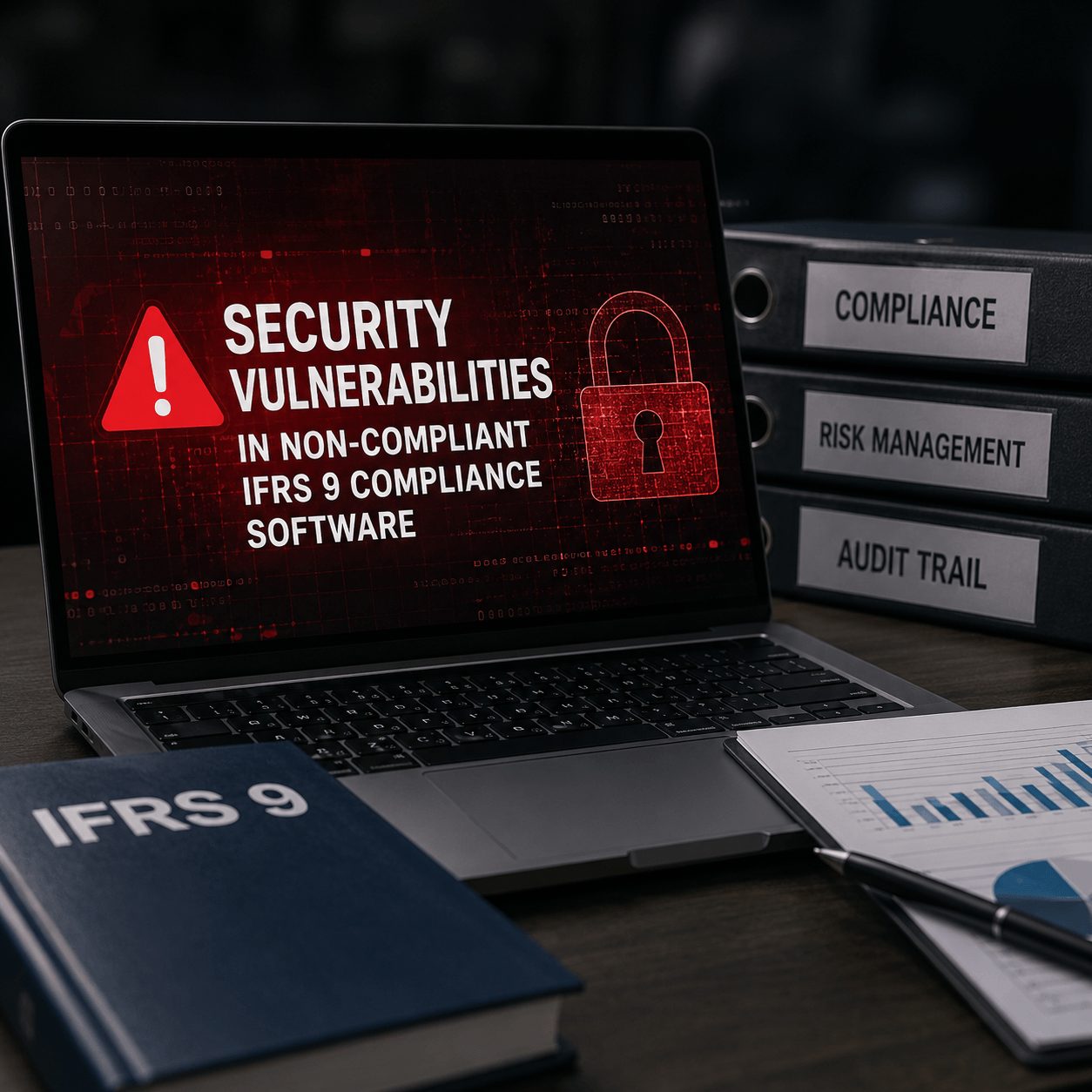 Laptop screen showing security alerts and compliance risks tied to non-compliant IFRS 9 compliance software, alongside audit trail and risk management files in a corporate office setup.