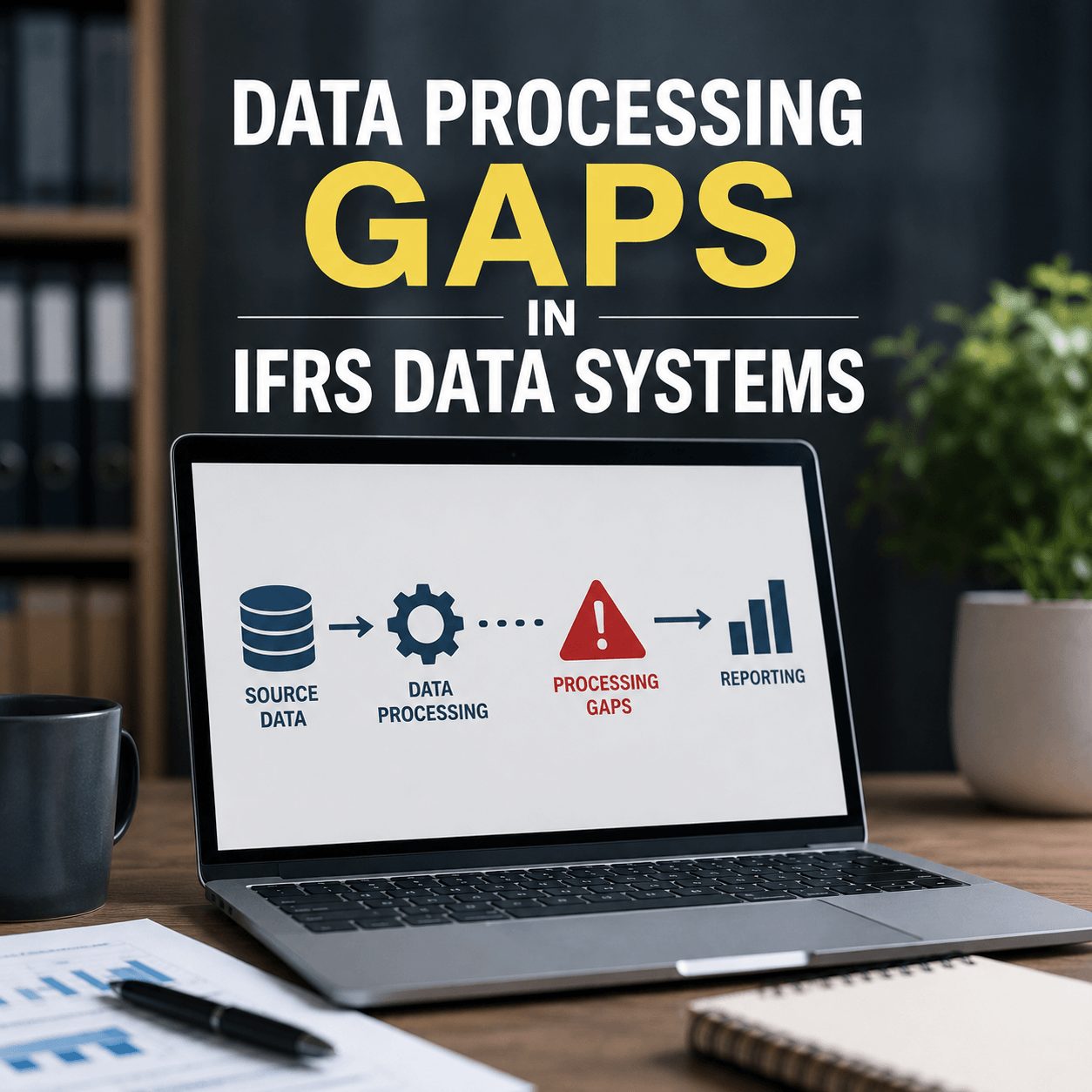Modern office workspace featuring a laptop displaying a workflow diagram about data processing gaps in IFRS data systems, surrounded by financial reports, notebook, coffee mug, and office accessories in a realistic corporate environment.