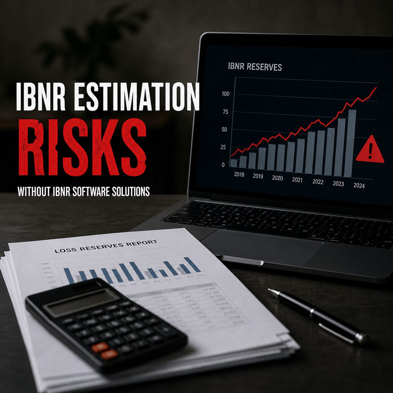 IBNR estimation risks without ibnr software solutions shown on a laptop with rising reserve charts, calculator, and printed reports on a desk