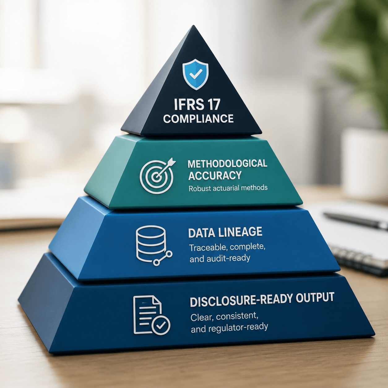 Stacked pyramid infographic illustrating methodological accuracy, data lineage, disclosure-ready output, and IFRS 17 compliance for actuarial SaaS providers for IBNR compliance.