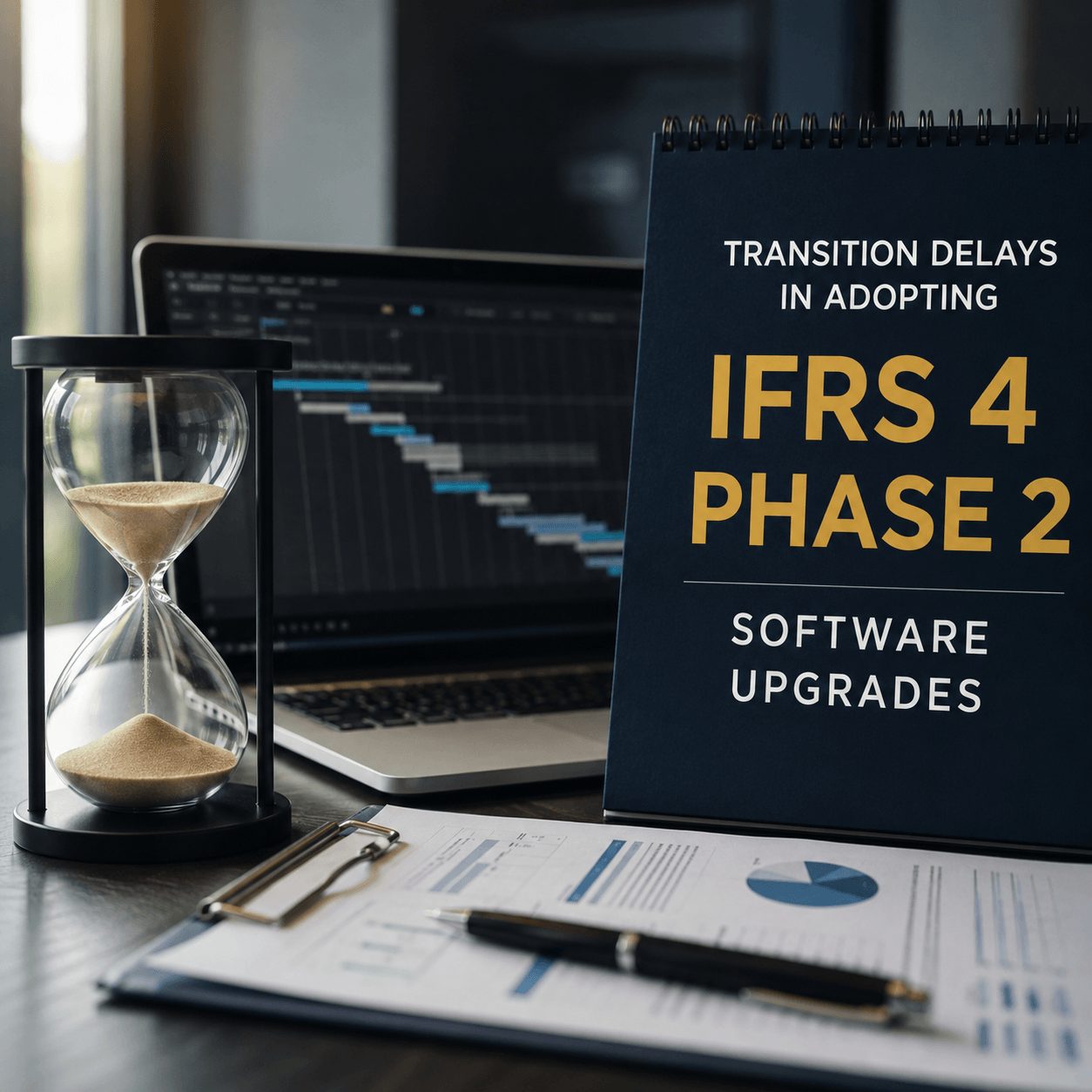Professional office desk setup showing an hourglass beside a laptop with project timelines and financial charts, highlighting transition delays in IFRS 4 Phase 2 software upgrades for insurance compliance and reporting modernization.