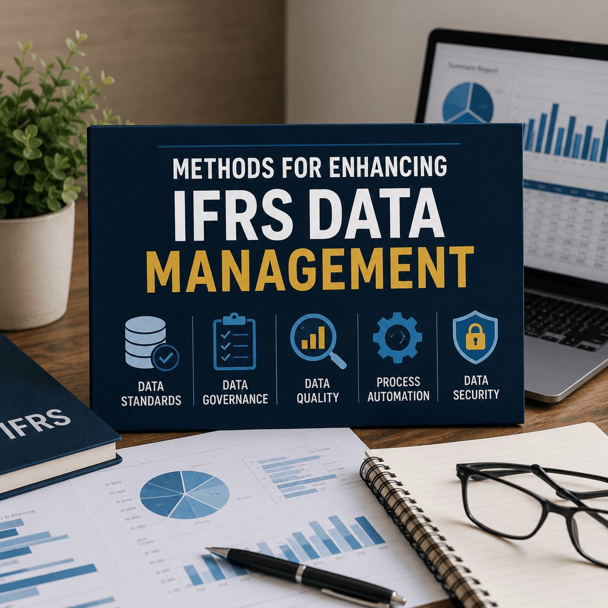 Professional office desk setup featuring a presentation board titled “Methods for Enhancing IFRS Data Management” with charts, laptop, notebook, financial reports, and office accessories in a realistic corporate environment.