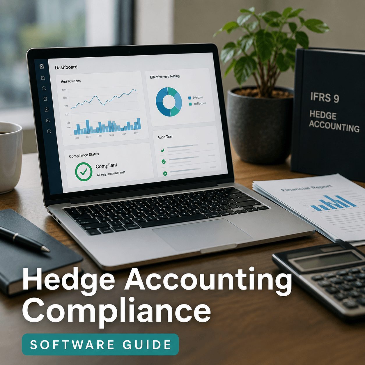 Laptop dashboard displaying hedge accounting compliance software in finance with IFRS 9 analytics, audit controls, and reporting tools in a realistic corporate office setup.